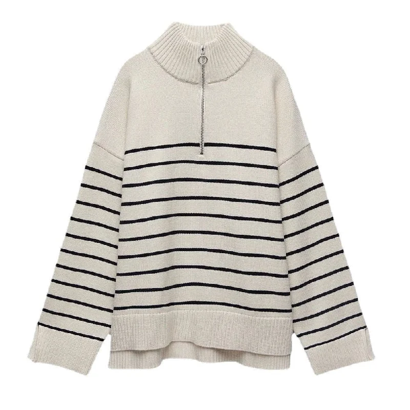 Warm And Comfortable Fashion Striped Zipper High Neck Knitted Sweaters