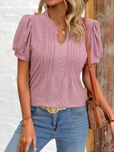Youthful Eyelet Notched Puff Sleeve T-Shirt