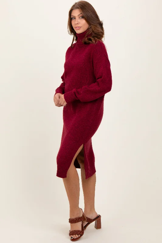 Celebrity Style Burgundy Turtleneck Side Slit Midi Sweater Dress