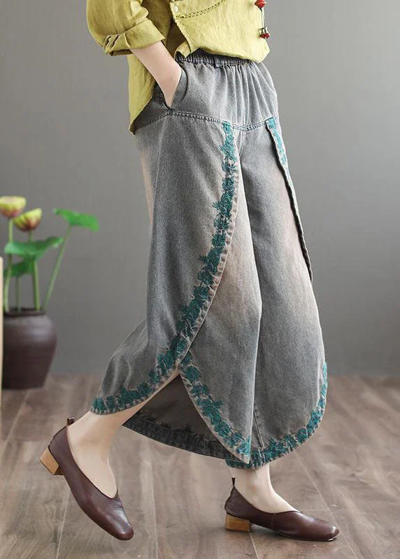Classic Series French Blue Pockets Embroideried Fall Denim Wide Leg Pants