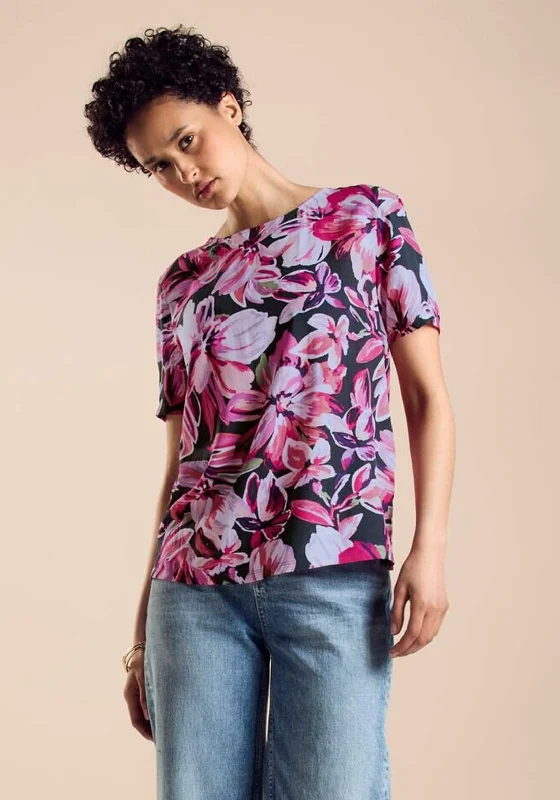 Single-shoulder Neck Design Street One Floral Printed T-Shirt, Magnolia Pink