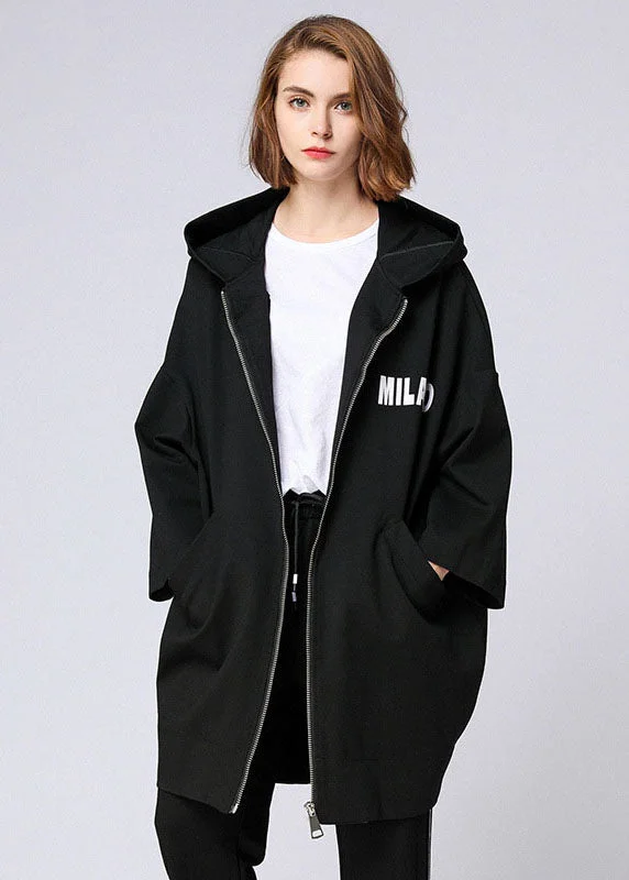 Classic Style Organic Black Letter zippered hooded Pockets Fall Long Coat