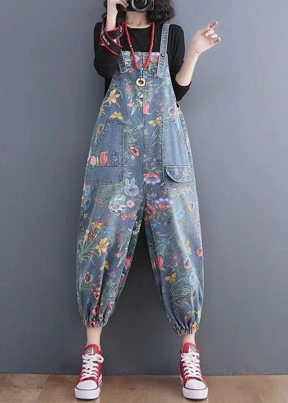Lazy Style Blue Print Denim Spaghetti Strap Jumpsuits Pockets Spring