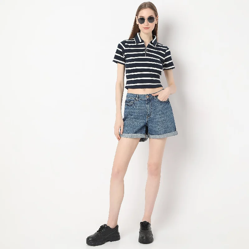 Fashion Elements Fitted Striped Polo Neck with Zipper Opening Short Sleeve Crop T-Shirt