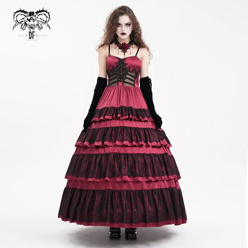 High-quality Fabrics Women's Gothic Lace-up Mesh Lace Slip Dress Red