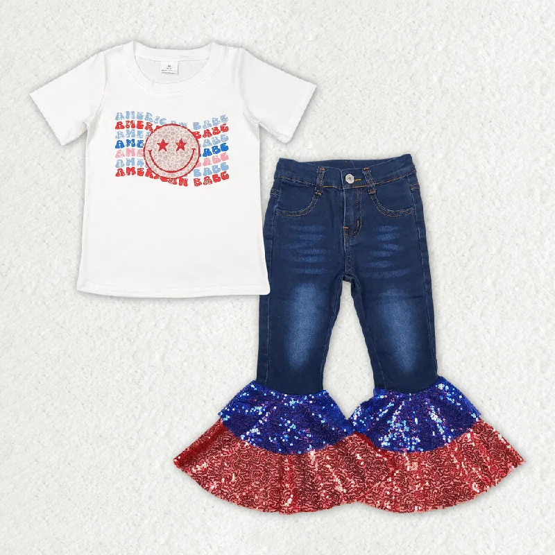 Warm And Comfortable GSPO1623  America Shirt Top Sequin Denim Jeans Pants Clothes Sets