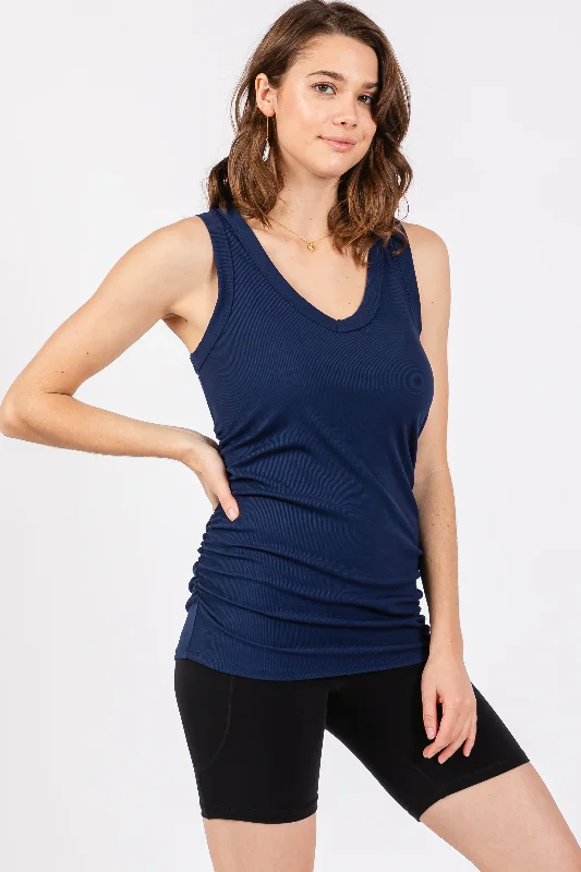 Cool Breeze At Night Navy Ribbed Sleeveless Ruched Tank Top