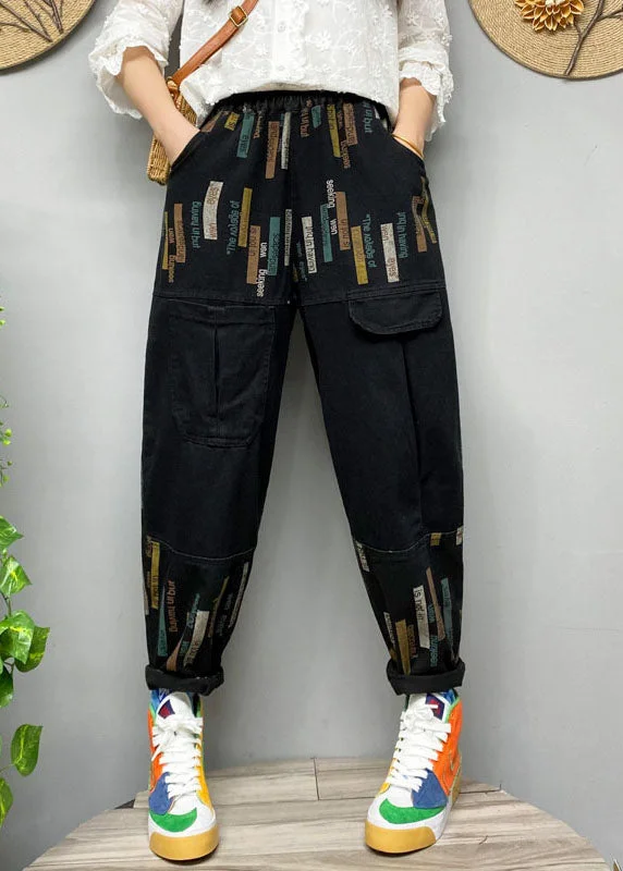 Casual Style Fitted Black elastic waist Print denim Pants Spring