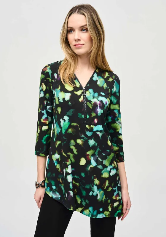 Relaxed And Casual Joseph Ribkoff Jersey Abstrast Print Zip Neck Top, Black Multi