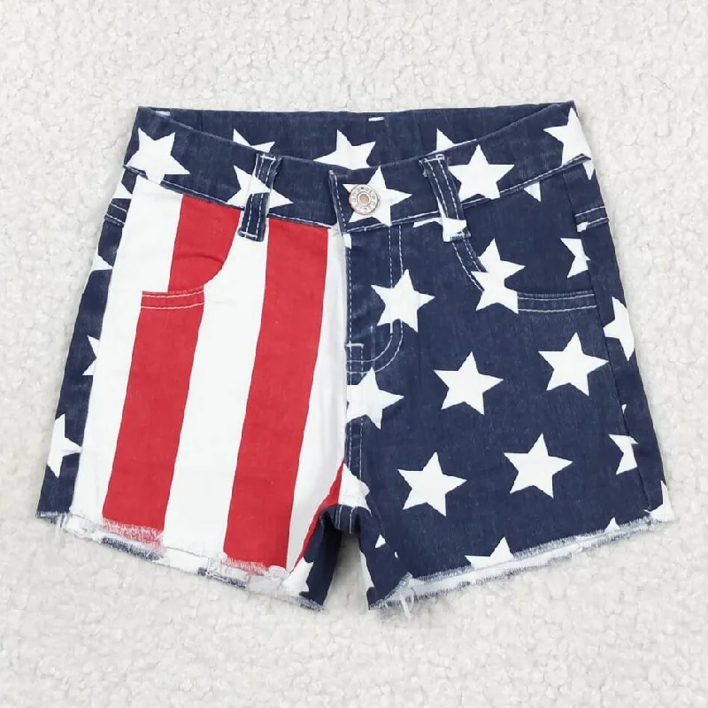 Slightly Flared Design SS0168 July 4th Baby Girls Blue Red Color Denim Shorts