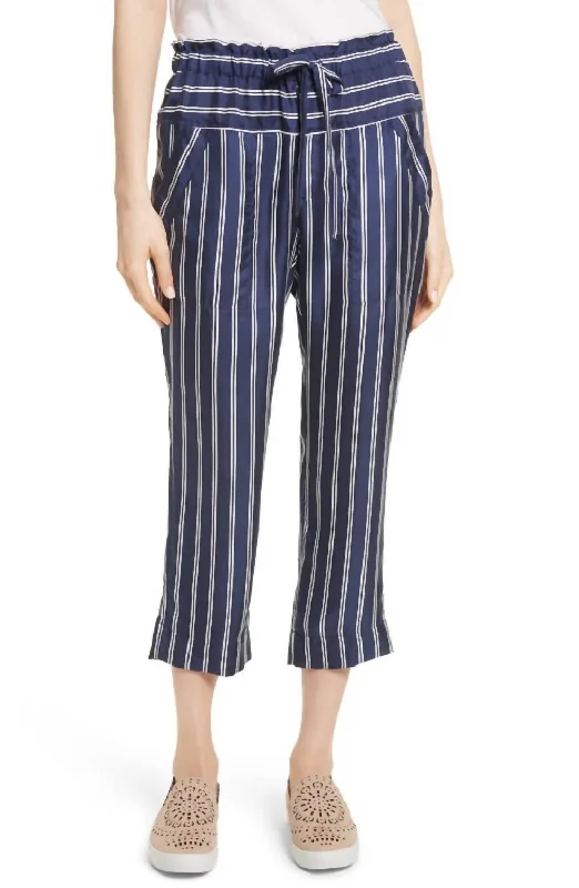 Slightly Flared Design Addiena Silk Striped Capri Pants In Navy/white