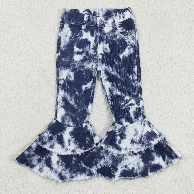 Relaxed And Casual P0035 ready to ship girl fashion tie-dye double ruffle bell bottom high quality jeans