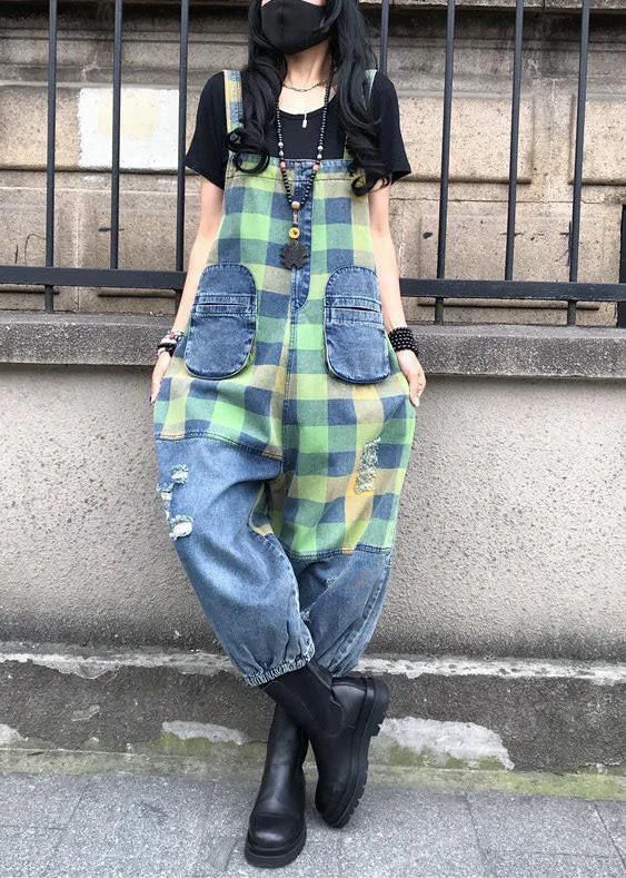 French Retro Style Blue Patchwork Plaid Print Denim Spaghetti Strap Jumpsuit Summer