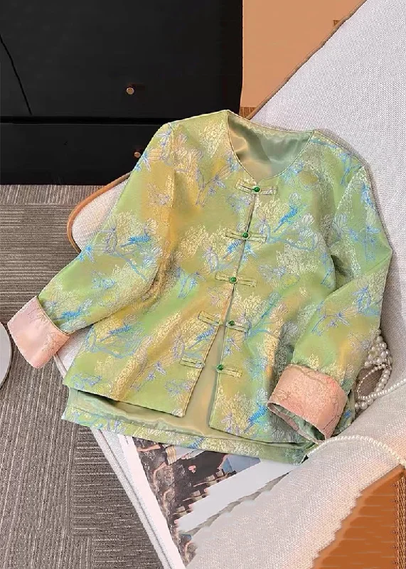 Bottom And Versatile New Green Print Print Side Open Silk Coats Fall