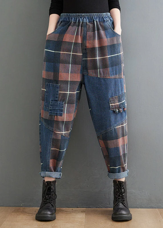 European And American Style Style Blue Plaid Pockets elastic waist Patchwork Denim Pants Spring