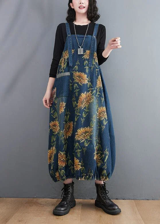 Casual Street French Blue Print Denim Spaghetti Strap Dresses Spring