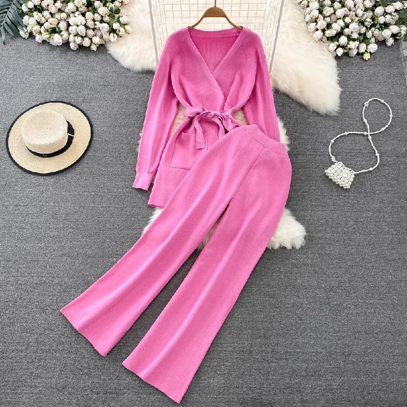 Elegant And Simple Fashion set V-neck knitted top two-piece set pants    S4195