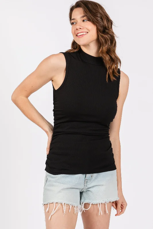 Hooded design Black Ribbed Mock Neck Ruched Side Sleeveless Top