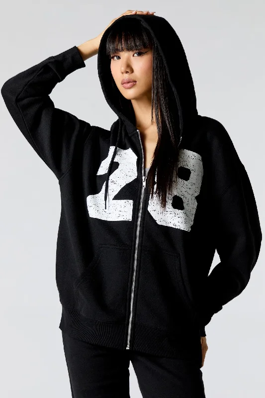 Simple Style Number Graphic Zip-Up Fleece Hoodie