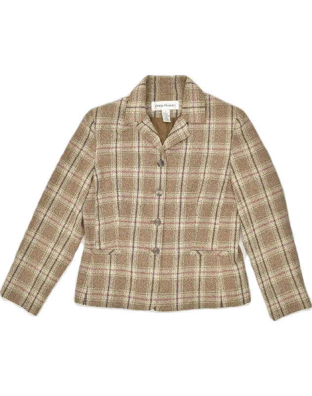 Luxury Temperament VINTAGE Womens Blazer Jacket UK 16 Large Brown Check Polyester