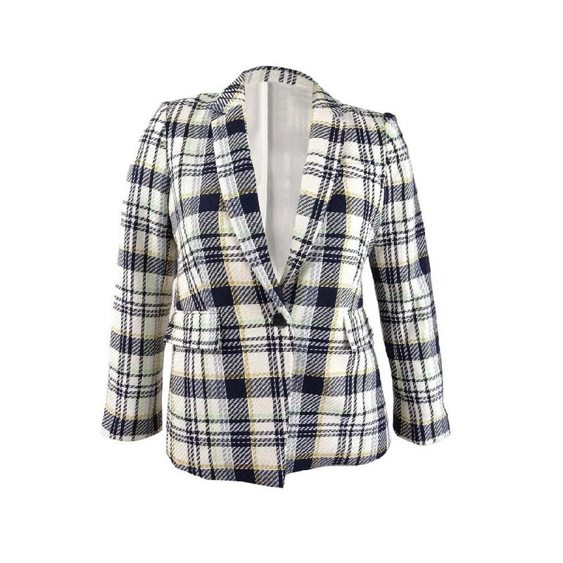 Celebrity Style Vince Camuto Women’s Cotton Plaid-Print Single-Button Blazer (14, Pearl Ivory)