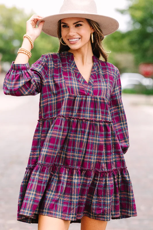Warm And Comfortable One Way Plum Purple Plaid Dress
