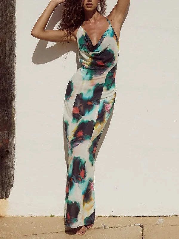 Minimal Style Halter Neck Tie Resort Graceful Style Print Mixi Dress