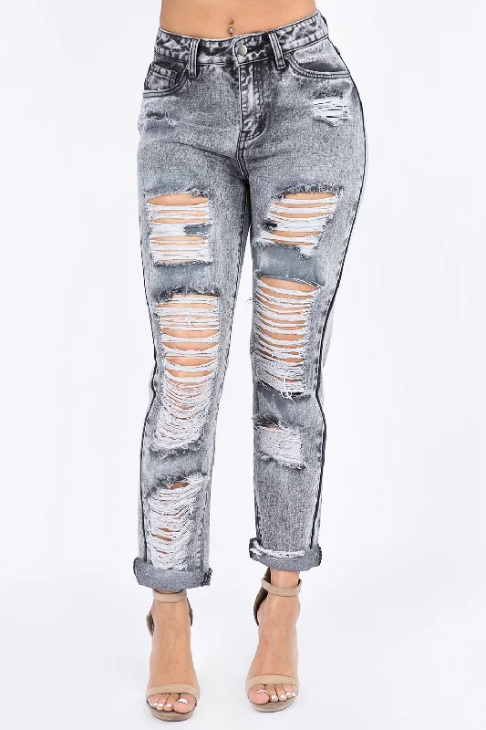 Classic Style High Waist Acid Wash Mom Jeans