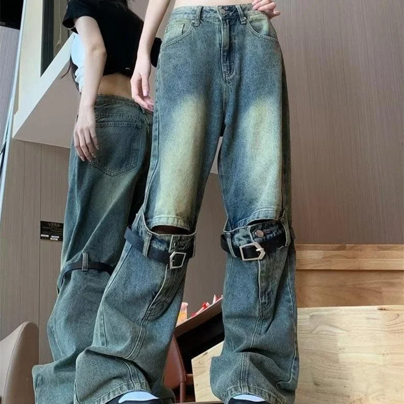 Single item design American Washed Distressed Belt Decorative Ripped Jeans