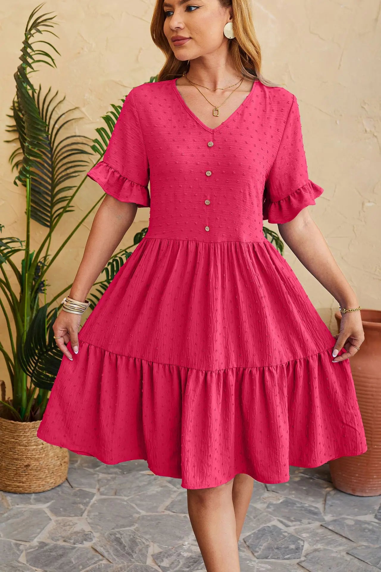 Light And Breathable New Jacquard Five-quarter Pleat Polka LOOSE Midi Dresses