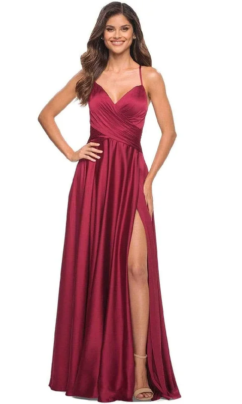Moisture wicking La Femme - 30512 V-Neck High Slit Satin Dress
