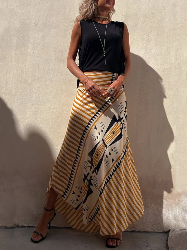Embroidered Letters Geometric Print Elastic Charming Waist Maxi Skirt