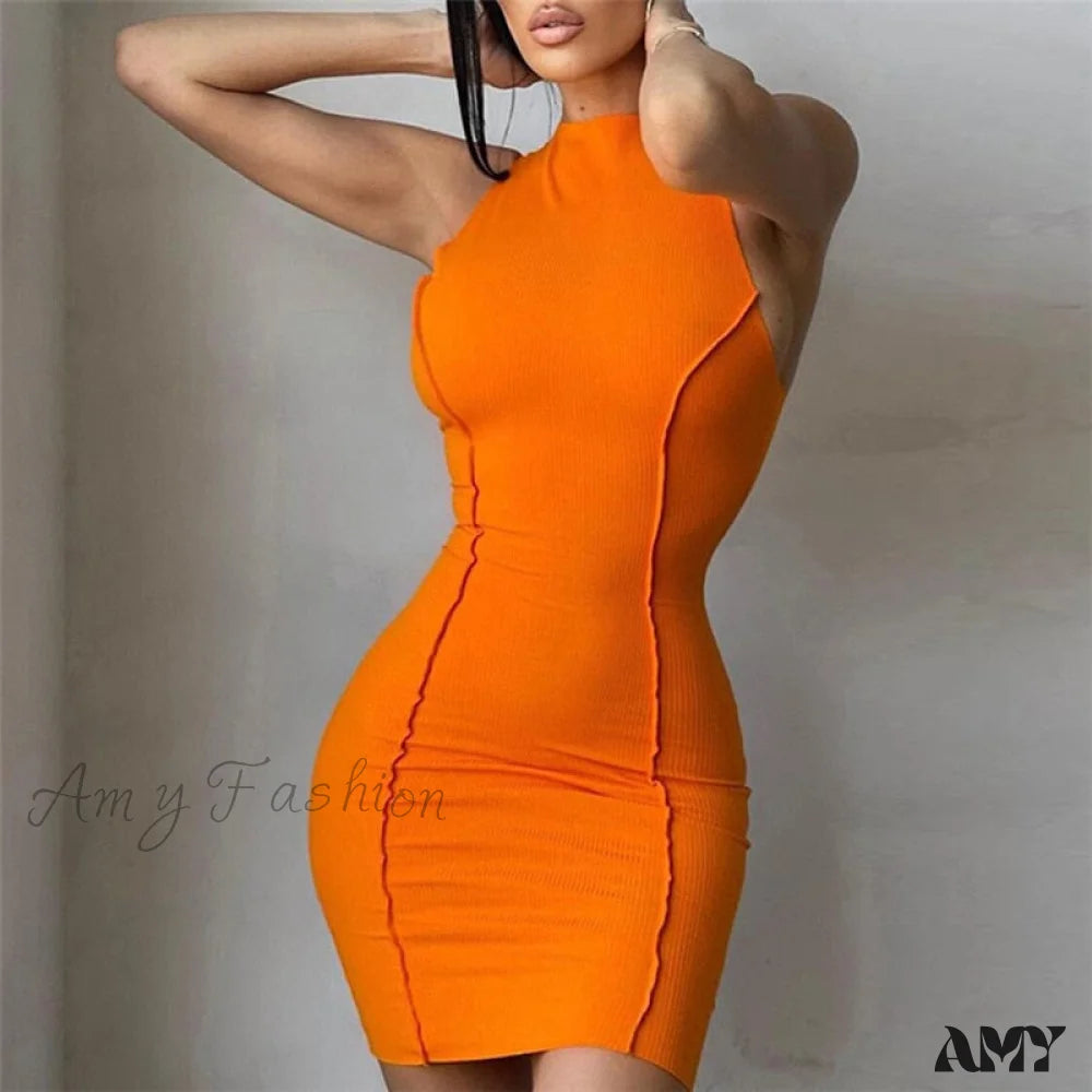 Double-sided Wear Amy Fashion - Soild Orange Sleeveless Sexy Bodycon Dress
