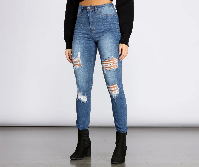 Mid-length Style High Rise Super Destructed Skinny Jeans