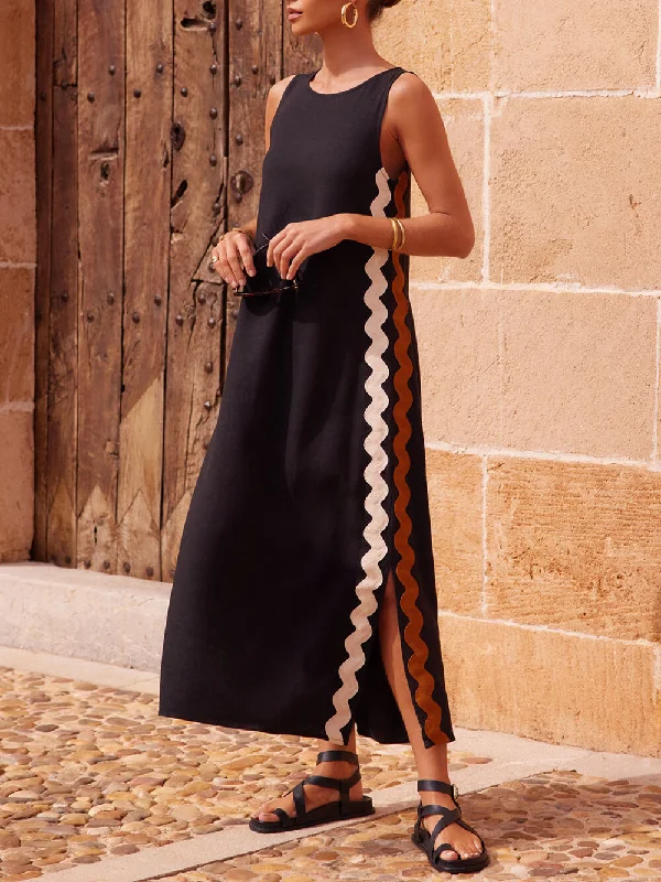 Double-sided Wear Side Wave Stripes Embellished Graceful Side Slit Loose Dress
