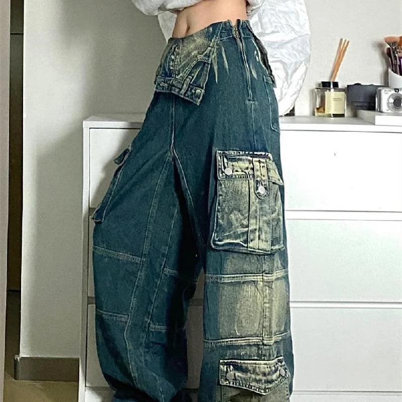 Cool Breeze At Night Plus Size Retro Washed Cargo Jeans Women