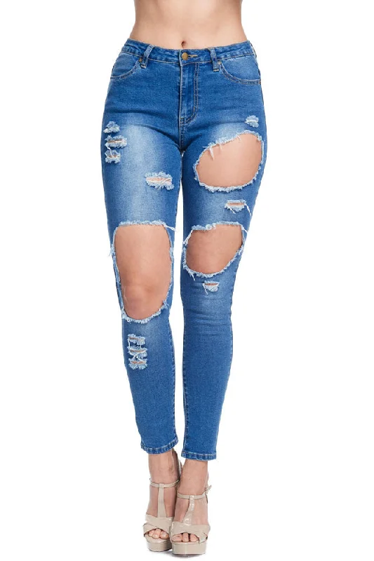 Nightclub Style Women's High-Rise Holey Ripped Skinny Jeans