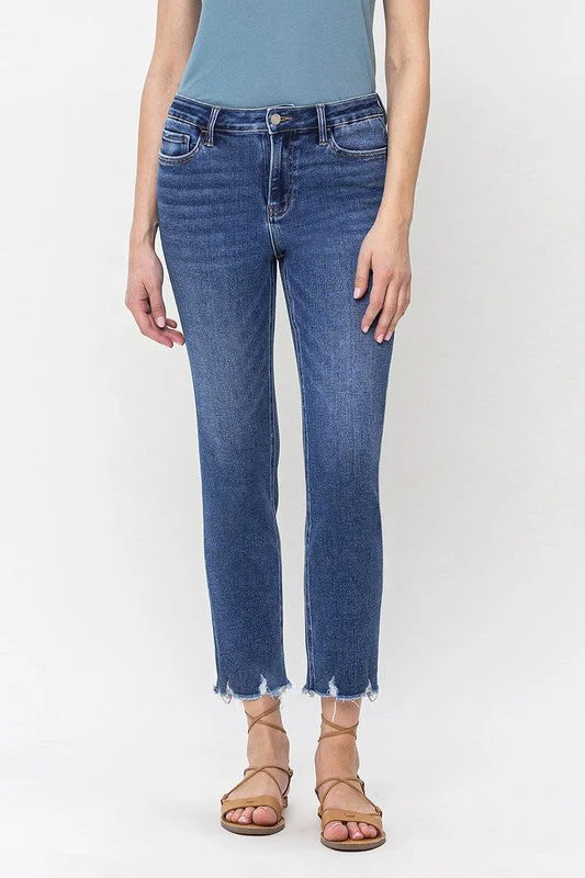 Slightly Flared Design High Rise Crop Slim Straight Jeans