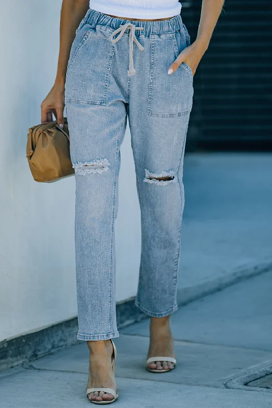 Fresh And Simple Sky Blue Distressed Pocketed Denim Jogger