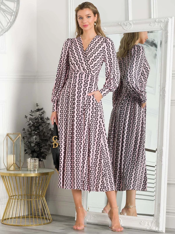 Party Wear Jolie Moi Nancy Long Sleeve Maxi Dress, Pink Geo