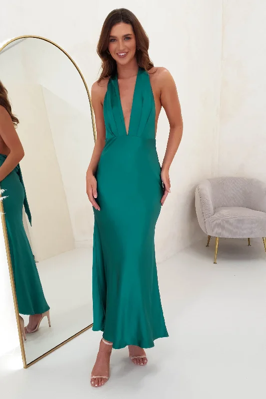 Wearable At Home Or Out Kaylah Satin Halter Neck Maxi Dress | Green