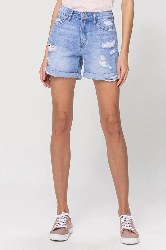 Comfortable And Simple Distressed Boyfriend Shorts W/Cuffs