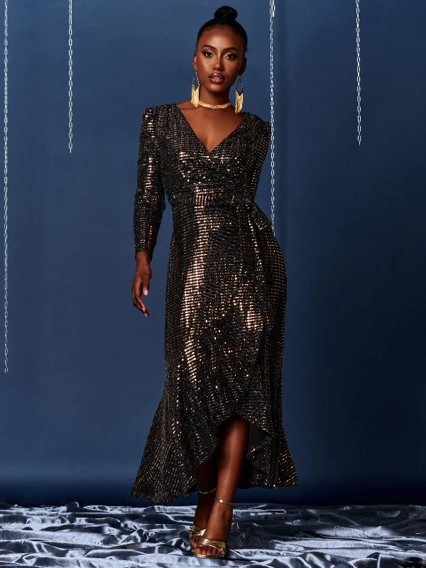 Mid-length Style Sparkly Wrap Frill Hem Maxi Dress, Rose Gold