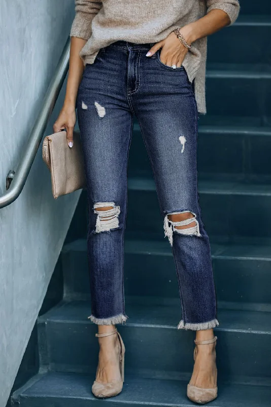 Fashionable And Versatile Distressed Button Up Mid Waist Jeans