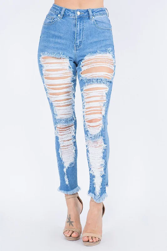 Cute Style Women's High Rise Heavy Distressing Washed Out Denim Skinny Jeans