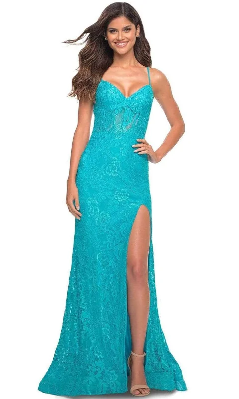 Street Fashion La Femme - 30171 Deep V-Neck Embroidered Gown