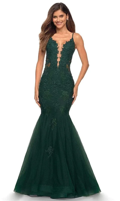 European And American Style La Femme - 29680 V-Neck Lace Appliqued Gown