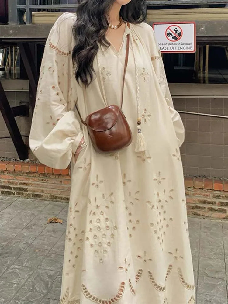 Warm Winter Series DressBetty - 2024 Korean Style Vintage Long Sleeve V-Neck Boho Hollow Out Maxi Dress