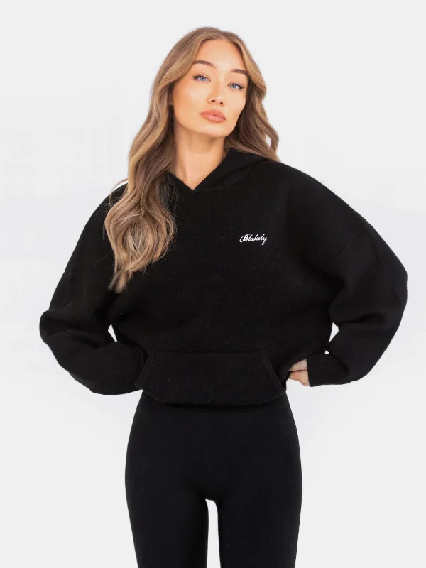Classic Style Oversized Knitted Hoodie - Black
