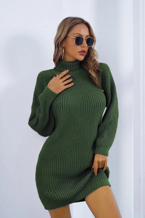 Party Wear Buttoned Turtleneck Long Sleeve Sweater Dress